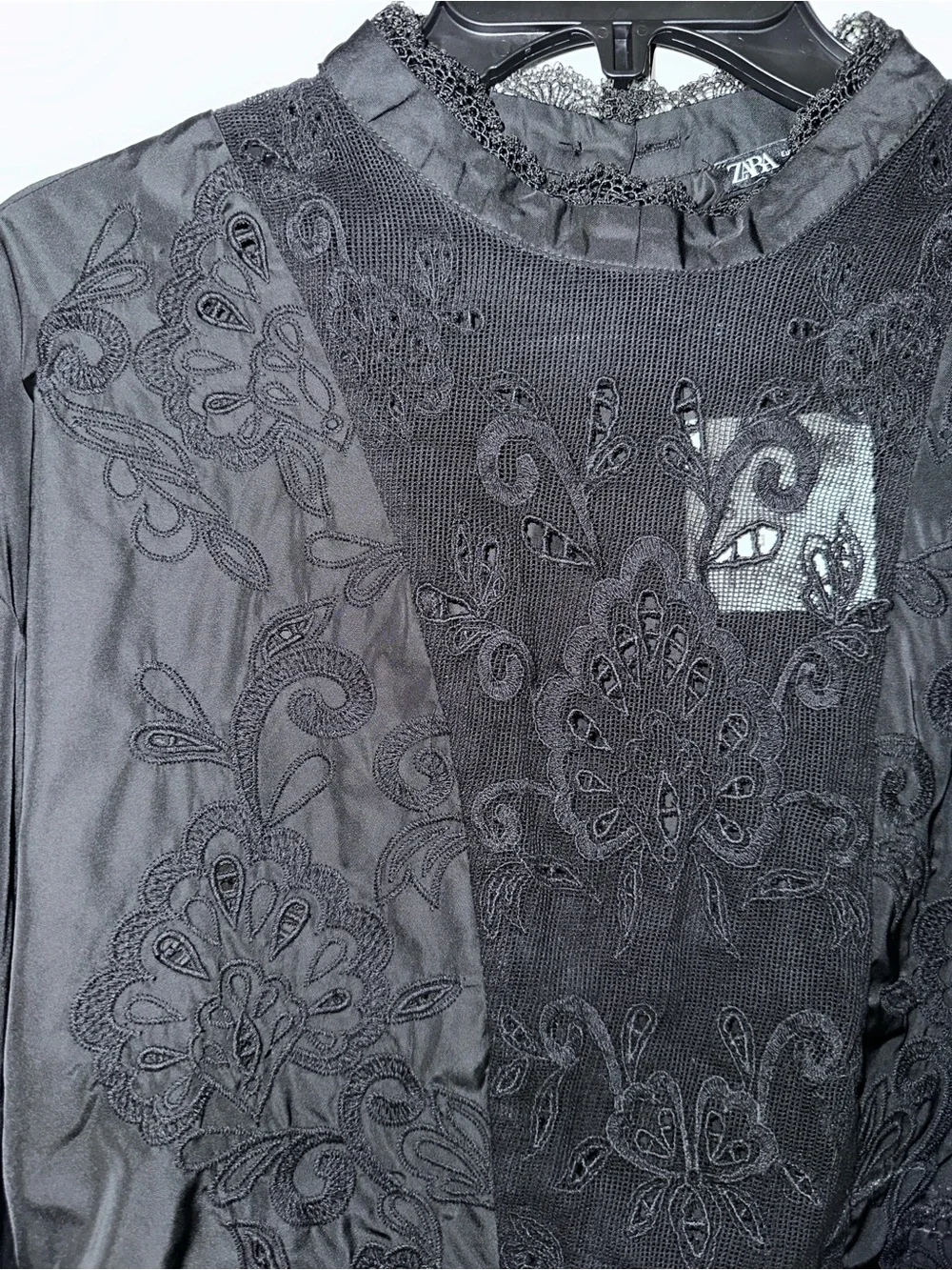ZARA Black Embroidered High-Neck Blouse